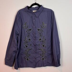 Womens Blue Floral Embroidered 100% Cotton Blue Button up Shirt sz XXL Workwear